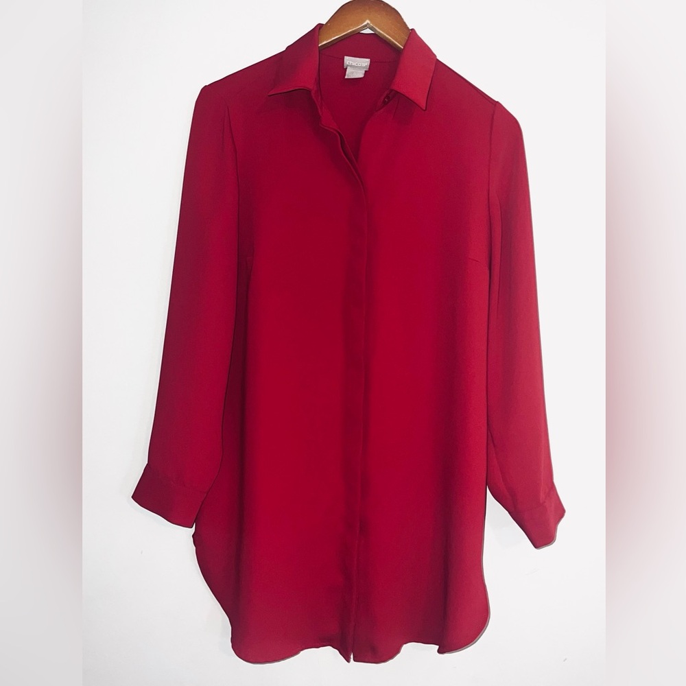 Chico’s Red Concealed Button Down Pleated Back Tunic Top Sz S